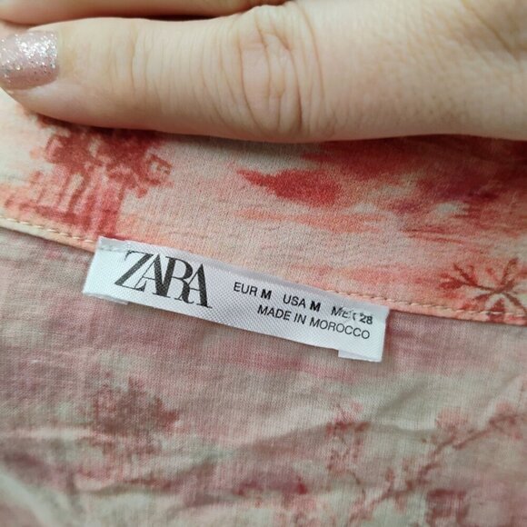 Zara lightweight Top Button Up 100% Cotton Long Sleeve Pink Japanese Print - Picture 2 of 12